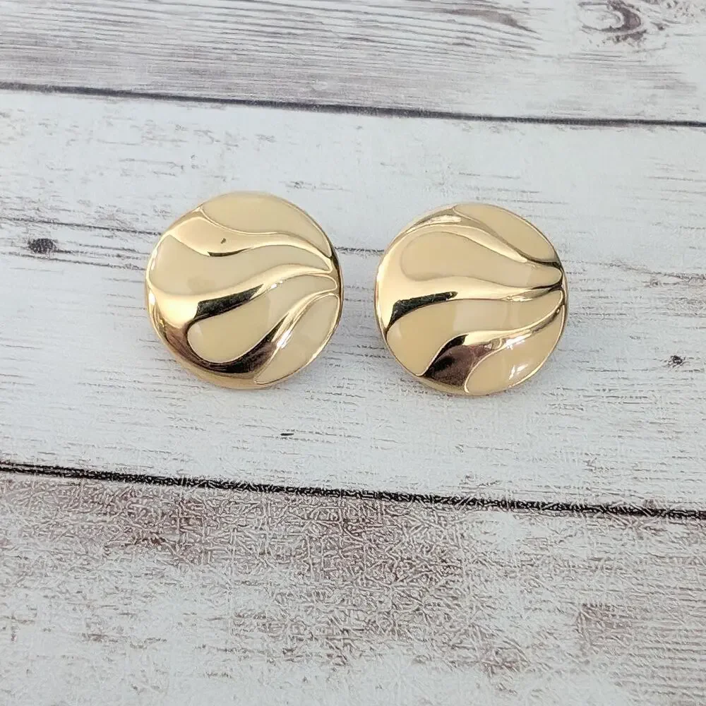Vintage Clip On Earrings Retro Circle Cream & Gold Tone 0.75